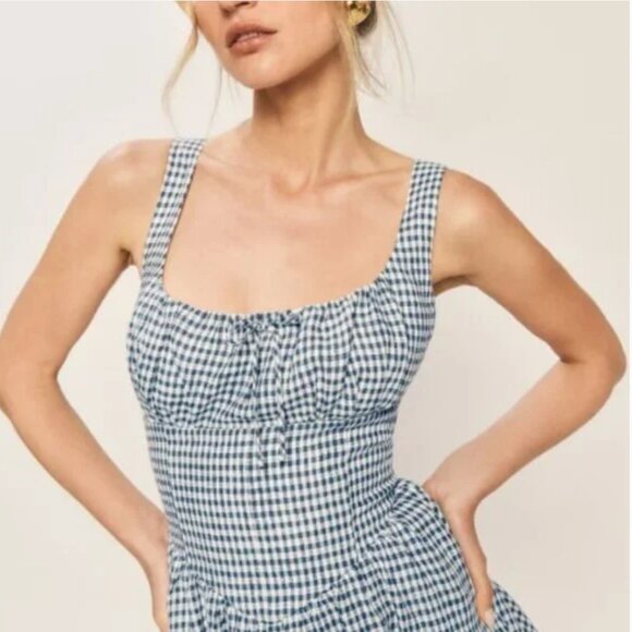 Reformation Balia Linen Dress in Slate Check - Picture 5 of 13